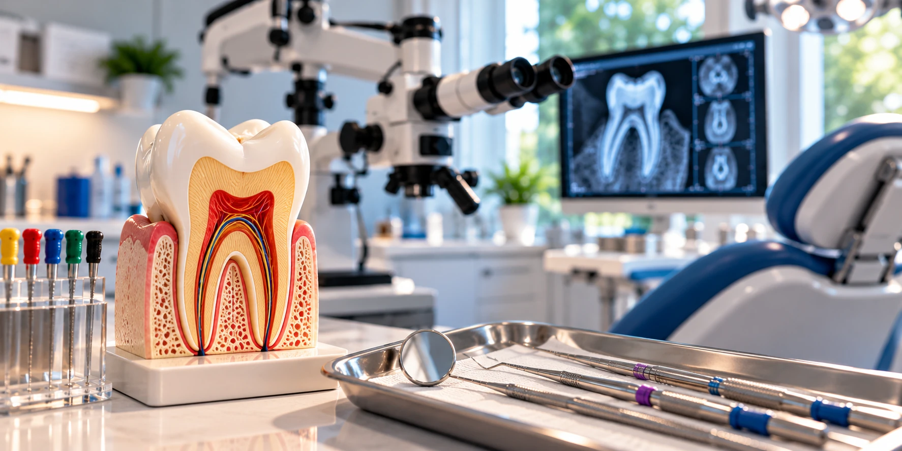 Modelo anatómico dental y microscopio operatorio que representan los cuidados y la recuperación después del tratamiento de conducto