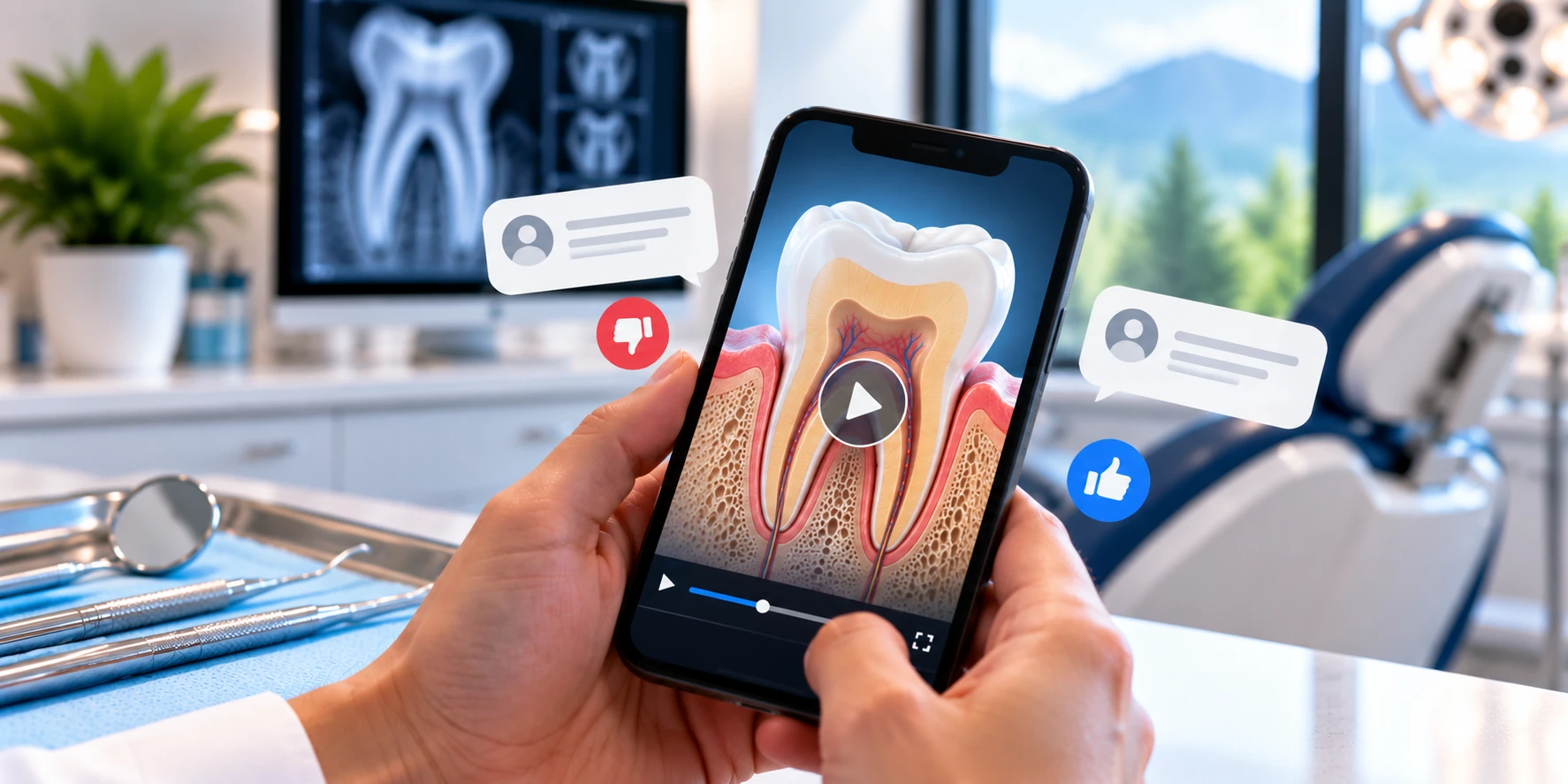 Patient viewing root canal claims on a smartphone, representing online myths about treatment safety