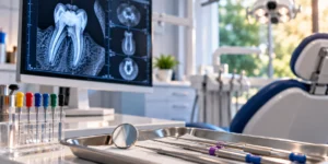Endodontic instruments and diagnostic dental imaging illustrating evaluation before tooth extraction